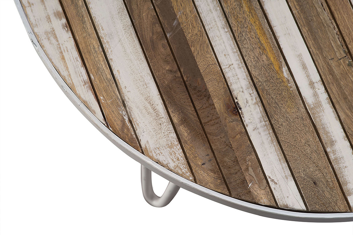 Table basse ronde manguier massif et mtal blanc L80 x H45 cm ROCHELLE