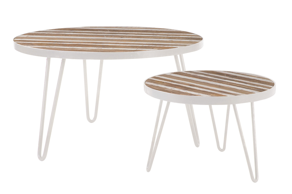 Table basse ronde manguier massif et mtal blanc L80 x H45 cm ROCHELLE