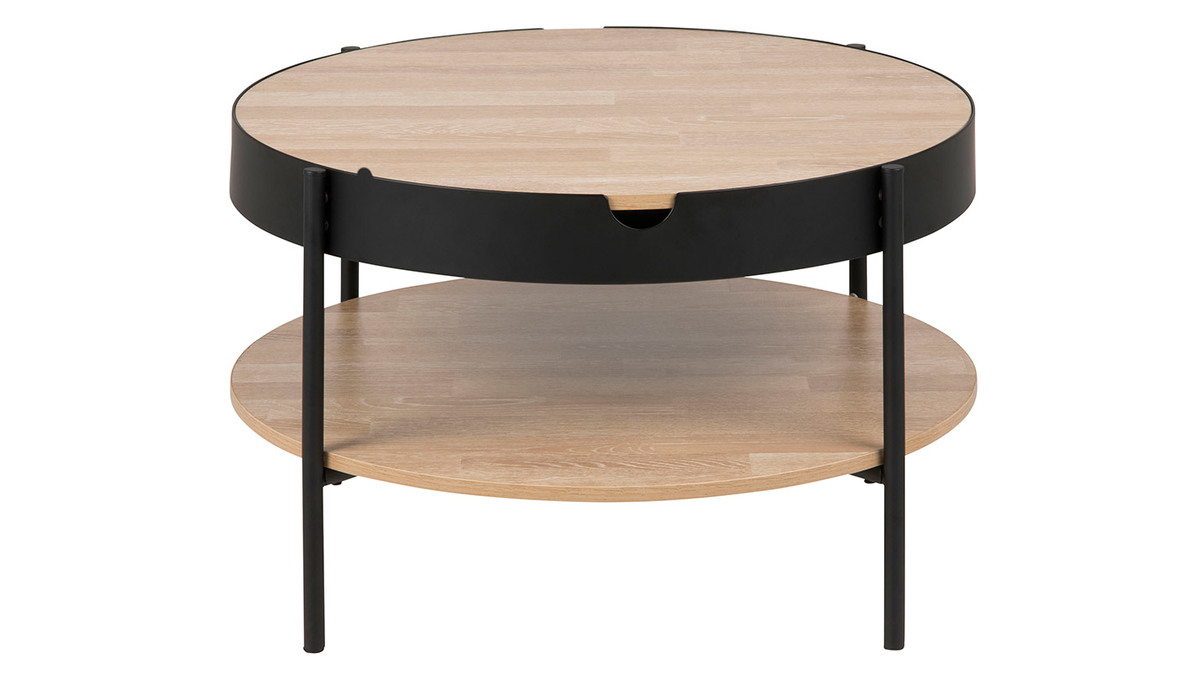 Table basse ronde placage bois et mtal noir D75 cm SUZIE