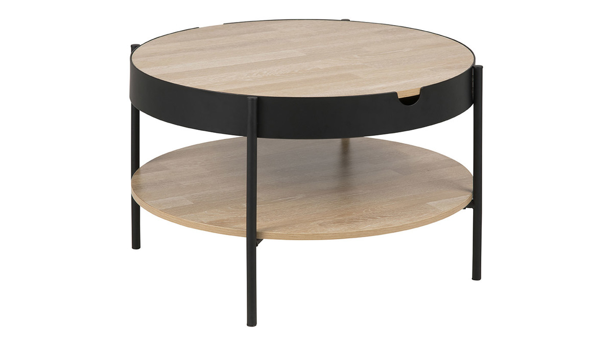 Table basse ronde placage bois et mtal noir D75 cm SUZIE