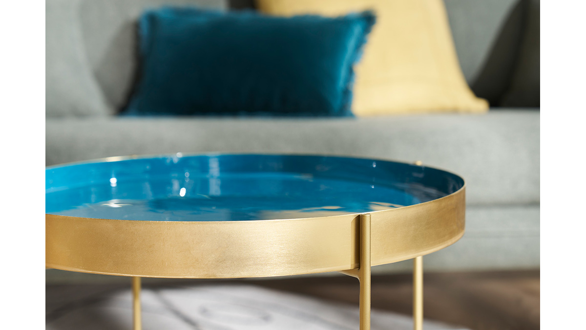 Table d'appoint avec plateau rversible bleu canard / blanc D51 cm SATEEN