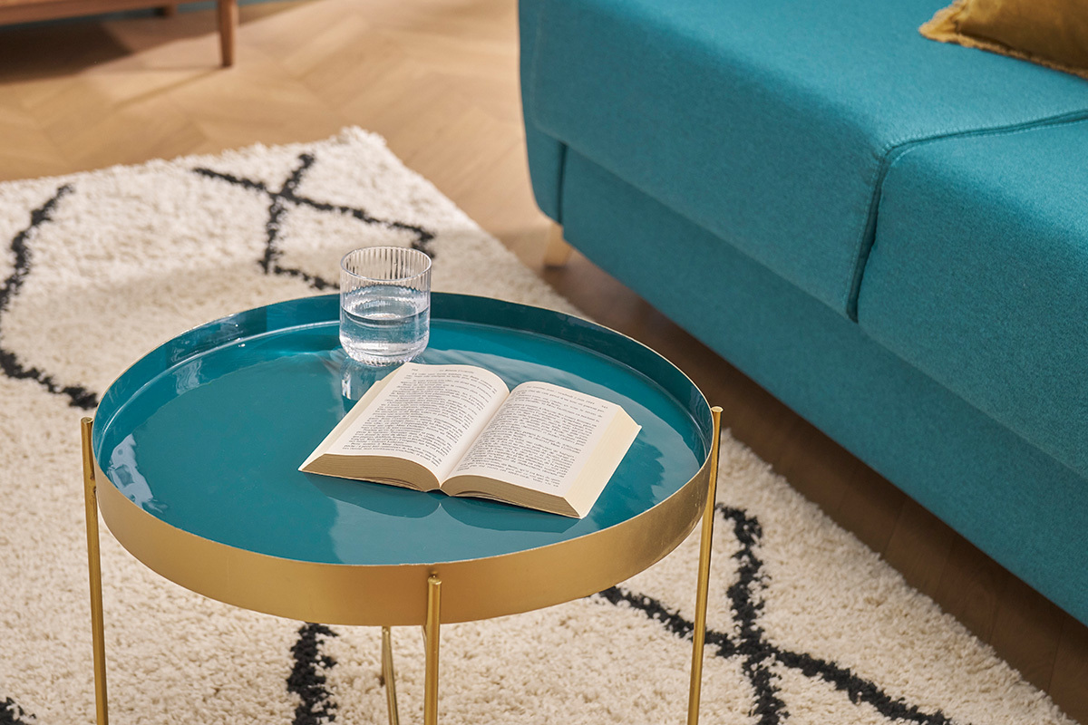 Table d'appoint avec plateau rversible bleu canard / blanc D51 cm SATEEN
