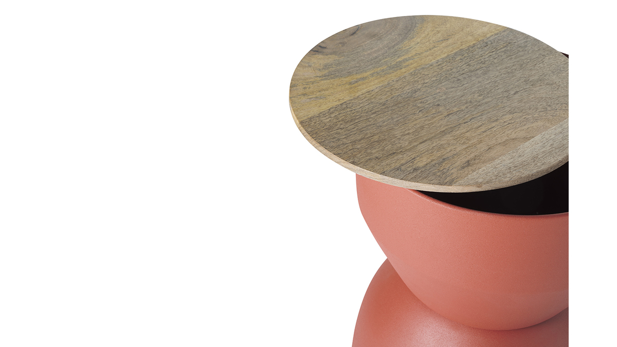 Table d'appoint ronde design avec rangement en mtal terre brule et bois manguier massif D30 cm YOYO