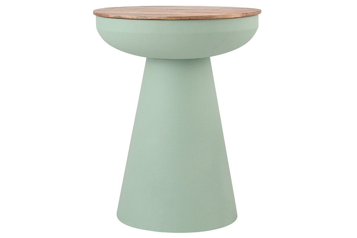 Table d'appoint ronde design avec rangement en mtal vert cladon et bois manguier massif H52 cm TAM
