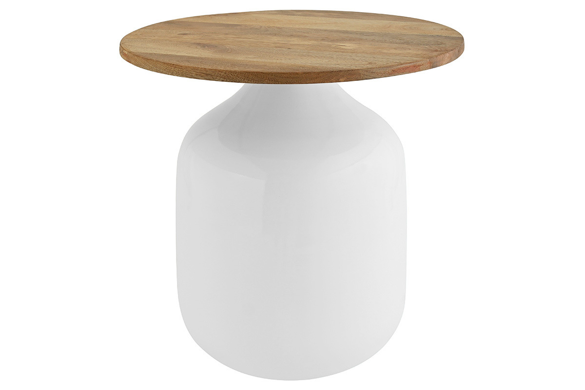 Table d'appoint ronde design blanche et bois manguier massif H49 cm VERONA