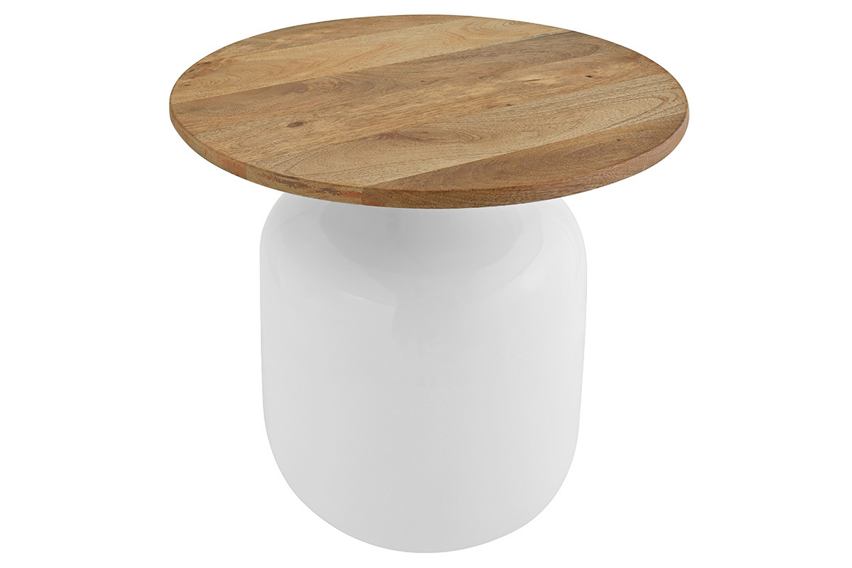 Table d'appoint ronde design blanche et bois manguier massif H49 cm VERONA