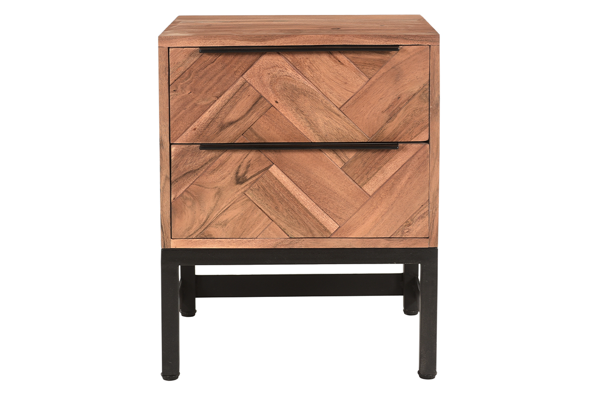 Table de chevet avec rangements 2 tiroirs  motifs chevrons en bois massif et mtal noir STICK