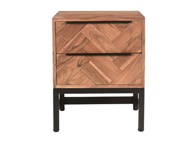 Table de chevet avec rangements 2 tiroirs à motifs chevrons en bois massif et métal noir STICK