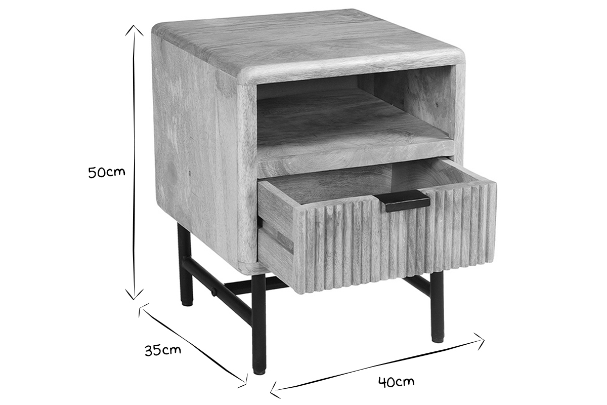 Table de chevet avec rangements bois manguier massif grav et mtal noir MORISSON