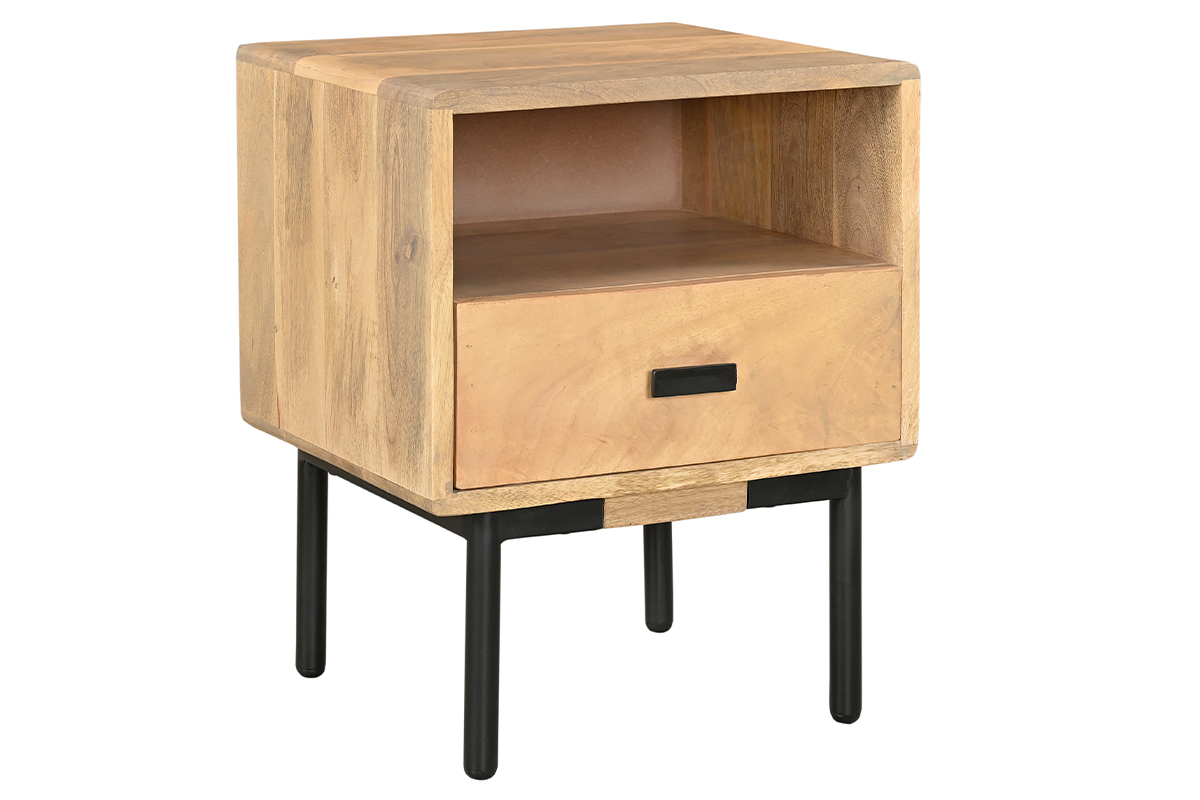 Table de chevet avec rangements en bois manguier massif et mtal noir L40 cm JUDE