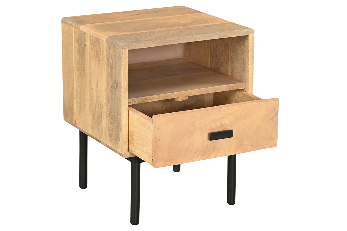 Table de chevet avec rangements en bois manguier massif et mtal noir L40 cm JUDE