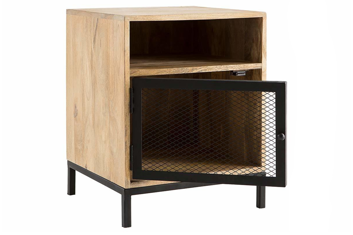 Table de chevet avec rangements industriel bois manguier massif et m�tal perfor� RACK