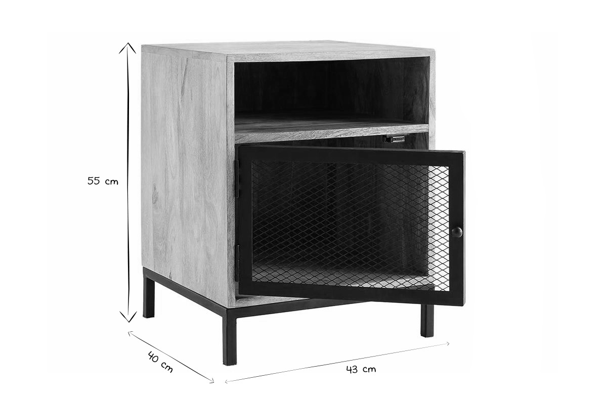 Table de chevet avec rangements industriel bois manguier massif et m�tal perfor� RACK