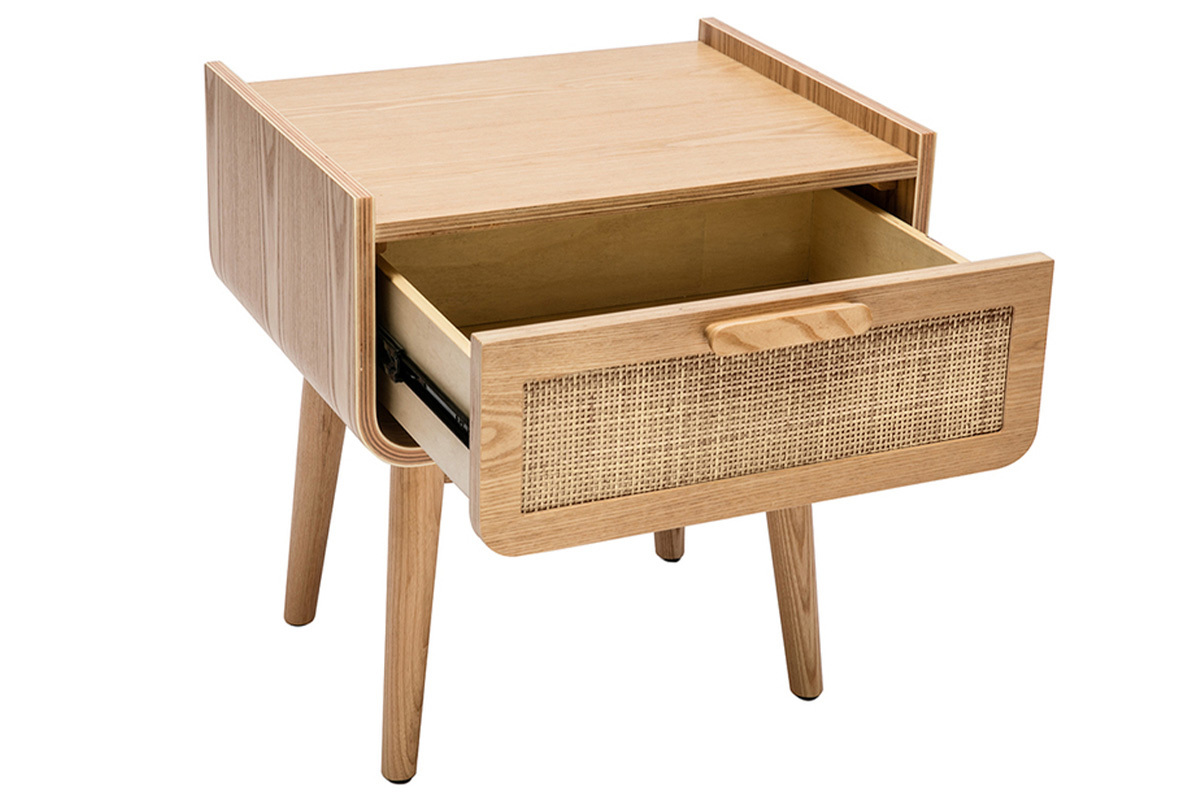 Table de chevet avec tiroir en bois clair frne et cannage rotin ATHNE