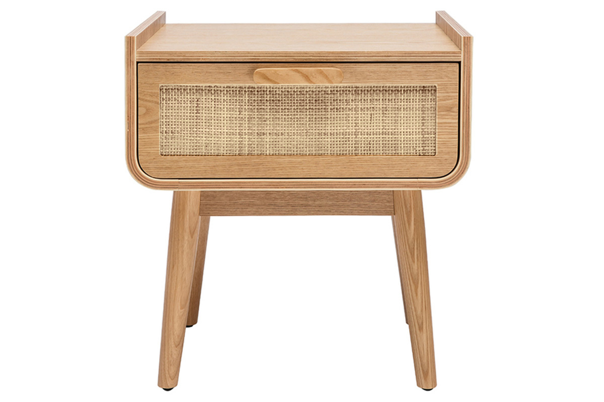 Table de chevet avec tiroir en bois clair frne et cannage rotin ATHNE