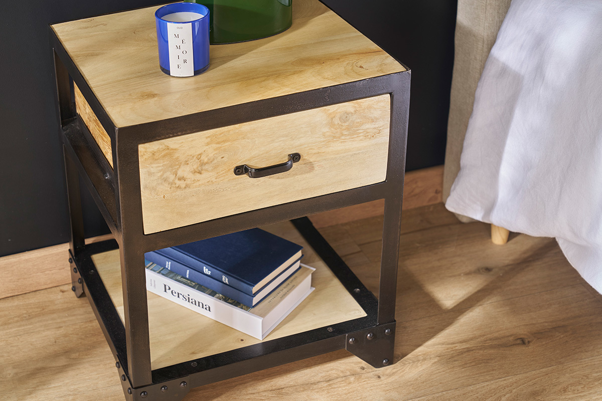 Table de chevet avec tiroir industrielle en bois manguier massif INDUSTRIA