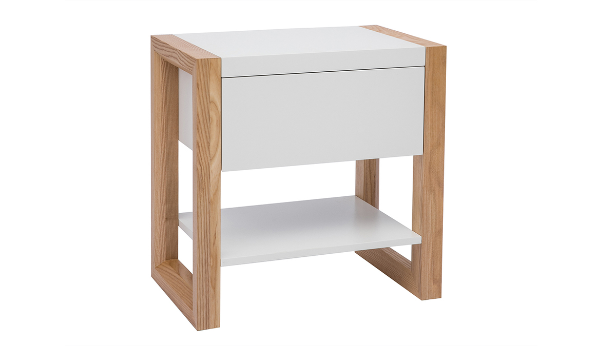 Table de chevet blanc et bois clair chêne L55 cm ARMEL