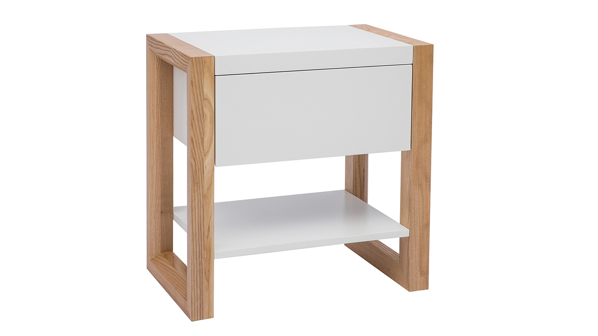 Table de chevet blanc et bois clair chne L55 cm ARMEL