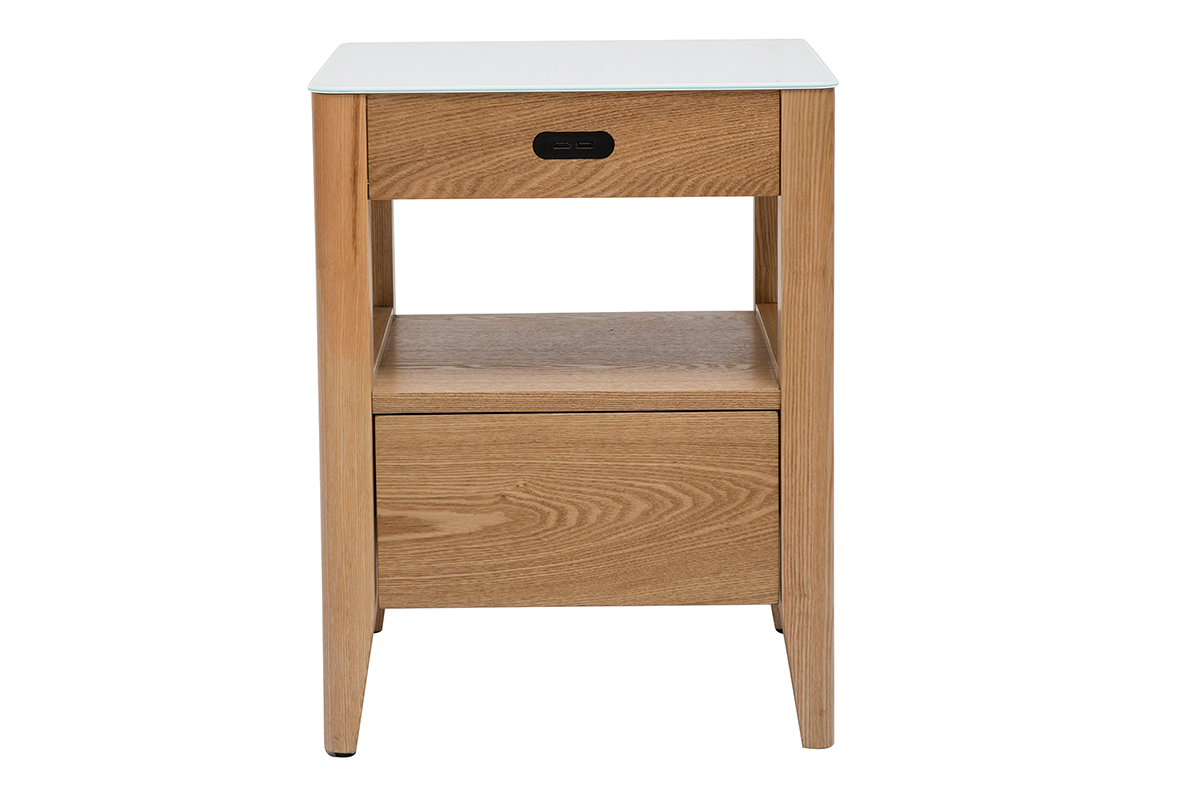 Table de chevet connecte multimdia en verre tremp blanc et bois clair L40 cm TEMPO