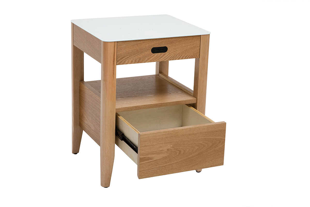 Table de chevet connecte multimdia en verre tremp blanc et bois clair L40 cm TEMPO