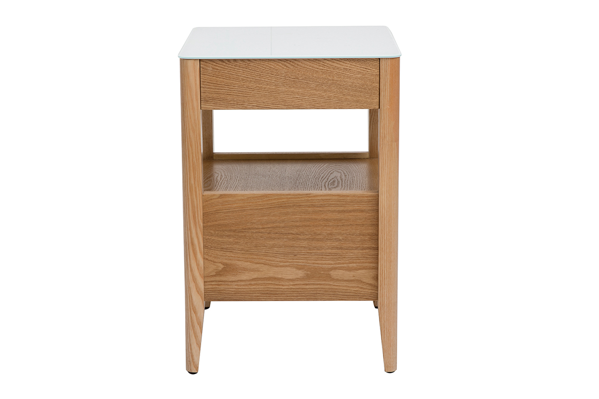 Table de chevet connecte multimdia en verre tremp blanc et bois clair L40 cm TEMPO