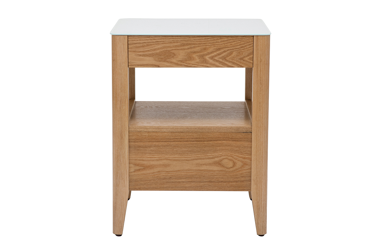 Table de chevet connecte multimdia en verre tremp blanc et bois clair L40 cm TEMPO