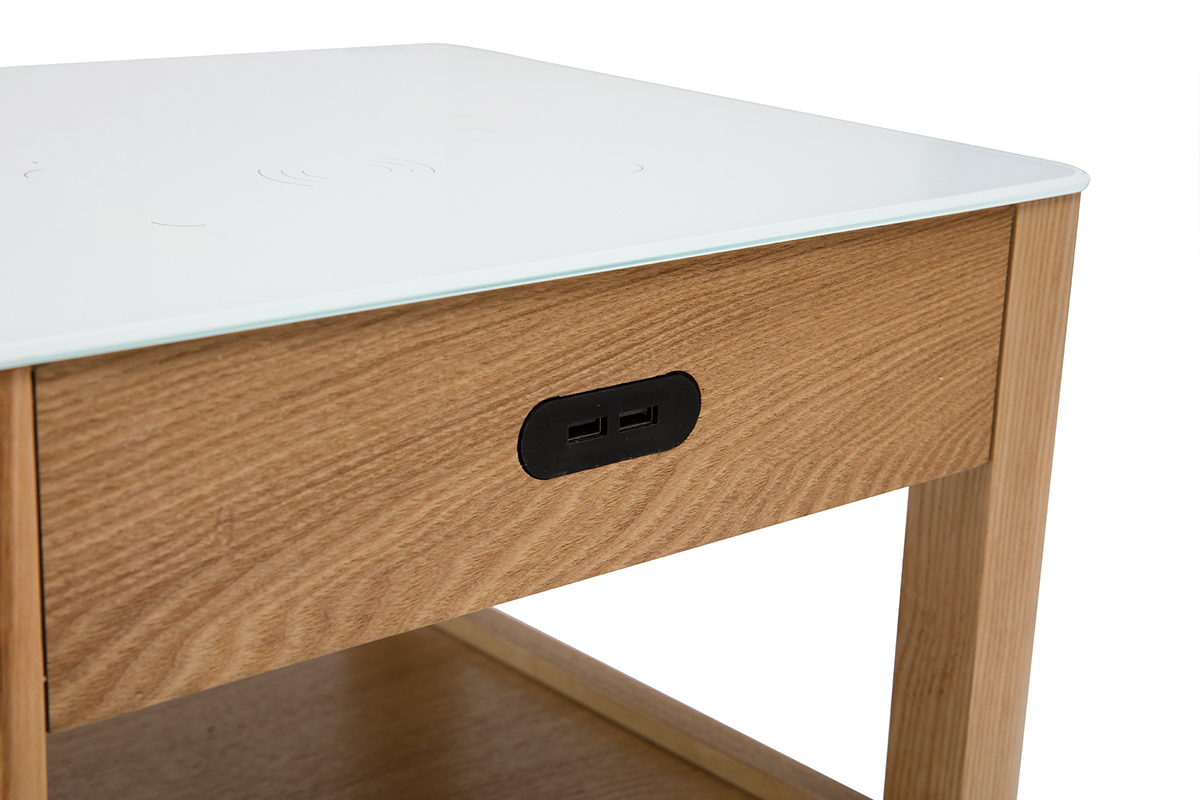 Table de chevet connecte multimdia en verre tremp blanc et bois clair L40 cm TEMPO