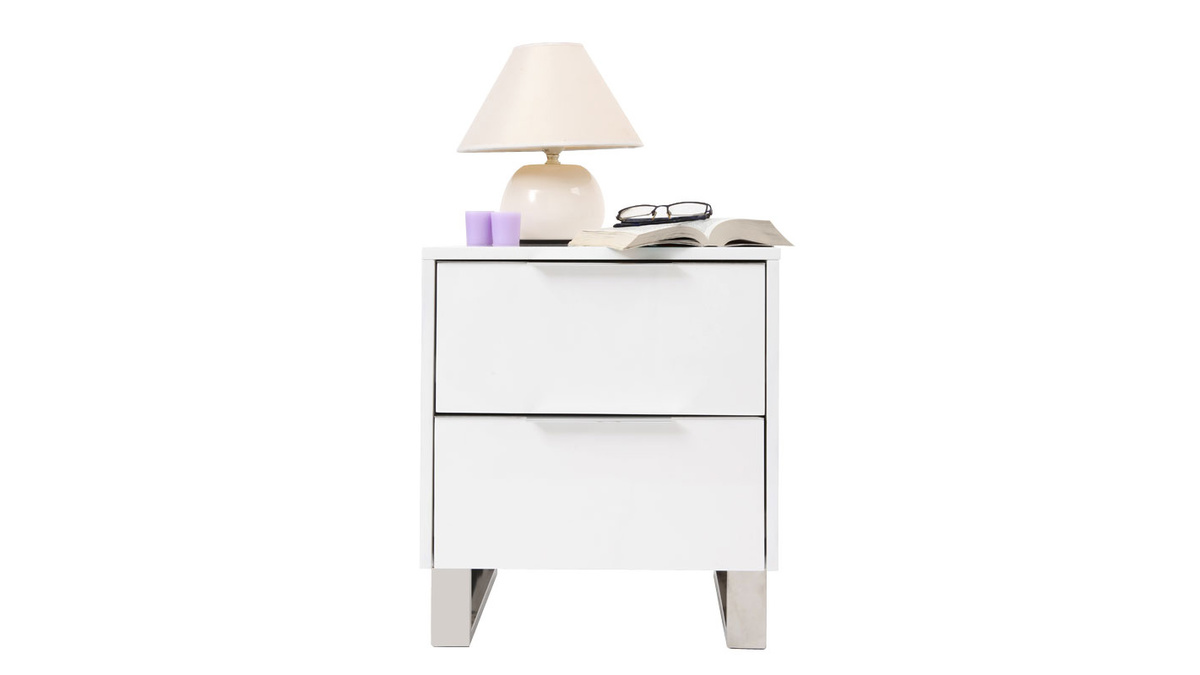 Table de chevet design blanc laqu et mtal chrom L45 cm HALIFAX