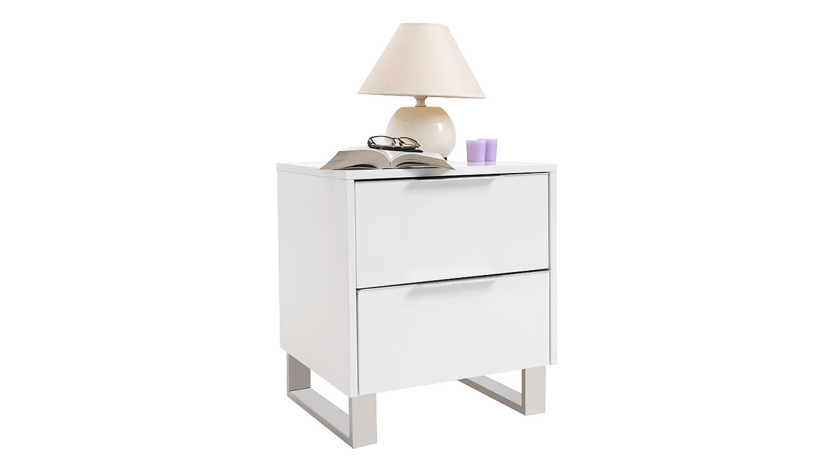 Table de chevet design blanc laqu et mtal chrom L45 cm HALIFAX