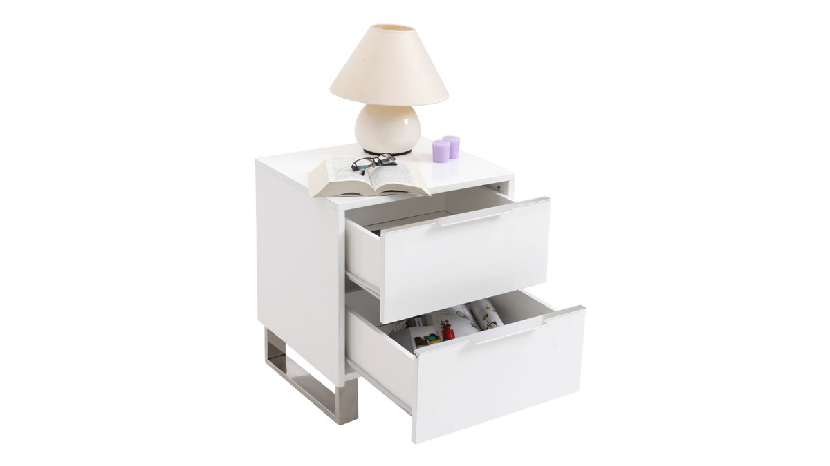 Table de chevet design blanc laqu et mtal chrom L45 cm HALIFAX