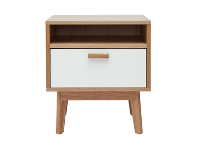 Table de chevet design scandinave blanc et ch&ecirc;ne HELIA