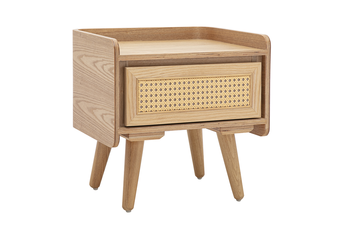 Table de chevet en bois clair fr�ne et cannage rotin ELSY
