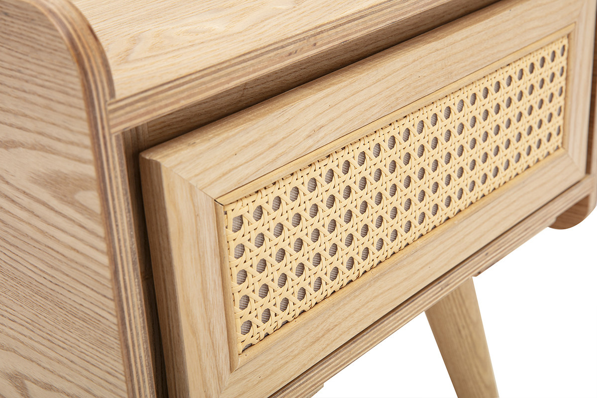 Table de chevet en bois clair fr�ne et cannage rotin ELSY