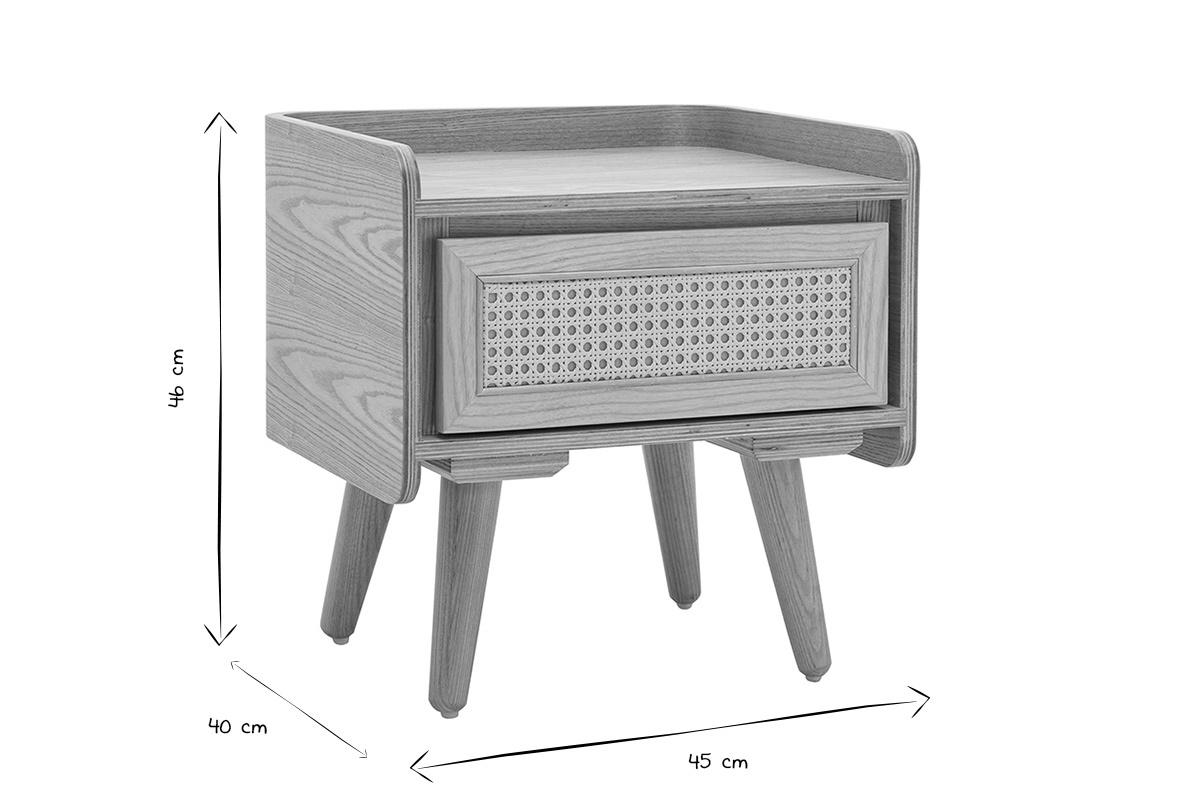 Table de chevet en bois clair fr�ne et cannage rotin ELSY