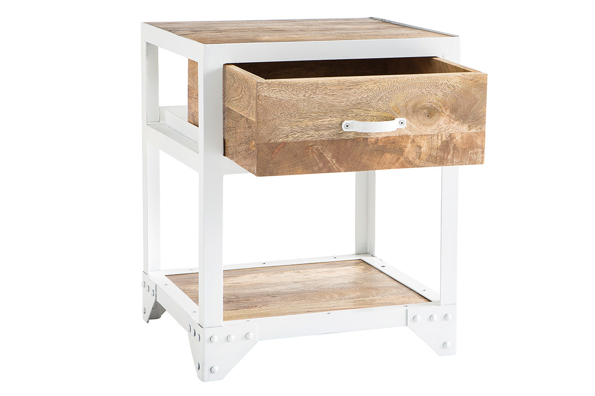 Table de chevet en manguier massif et m�tal blanc PUKKA