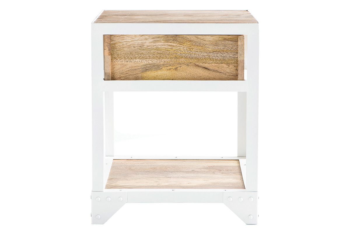 Table de chevet en manguier massif et m�tal blanc PUKKA
