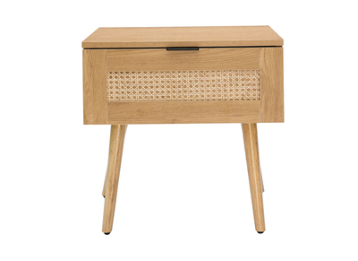 Table de chevet finition bois clair, cannage rotin et métal noir MANILLE