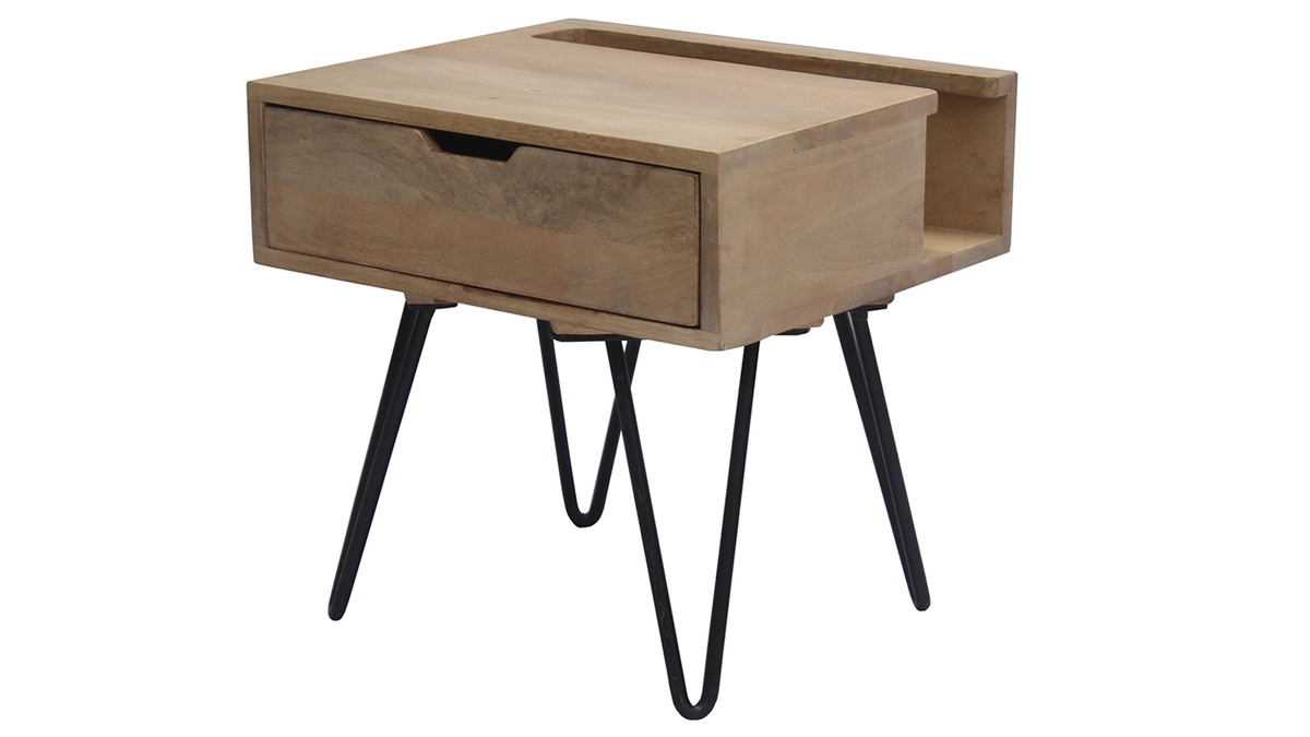 Table de chevet industrielle bois manguier massif et mtal noir VIBES