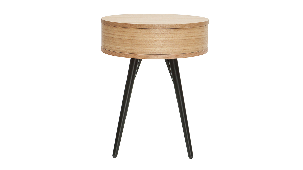 Table de chevet ronde avec tiroir bois clair et mtal noir D41 cm KORAL