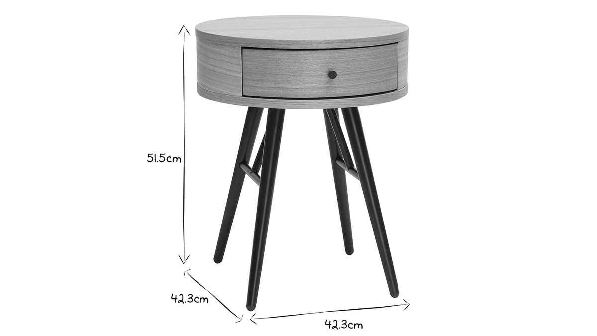 Table de chevet ronde avec tiroir bois clair et mtal noir D41 cm KORAL