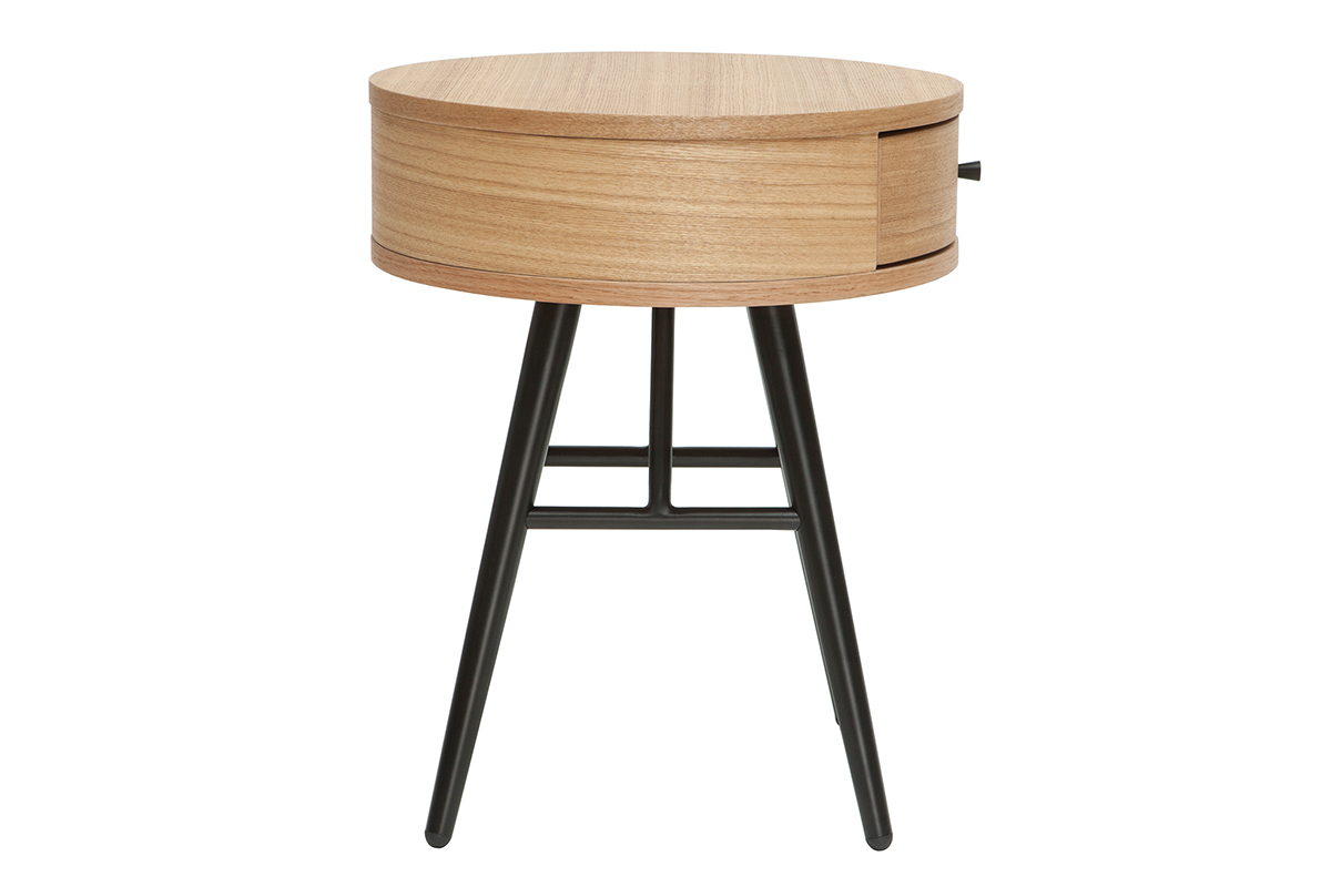 Table de chevet ronde avec tiroir bois clair et mtal noir KORAL
