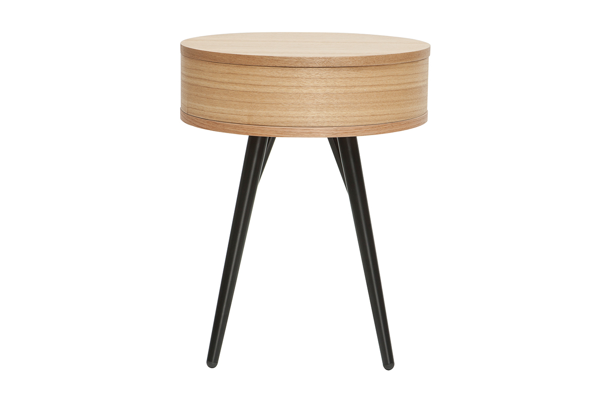 Table de chevet ronde avec tiroir bois clair et mtal noir KORAL