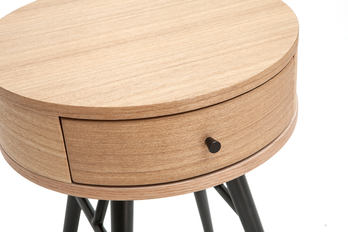 Table de chevet ronde avec tiroir bois clair et mtal noir KORAL