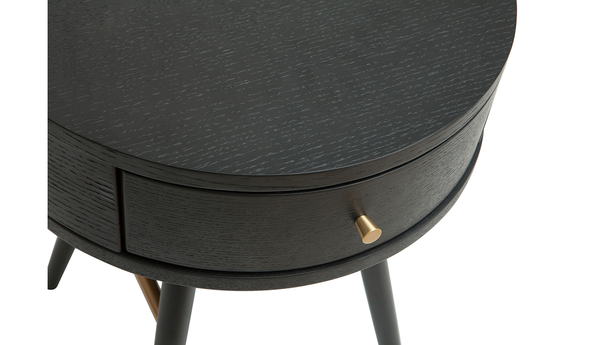 Table de chevet ronde avec tiroir bois et mtal noir D41 cm KORAL