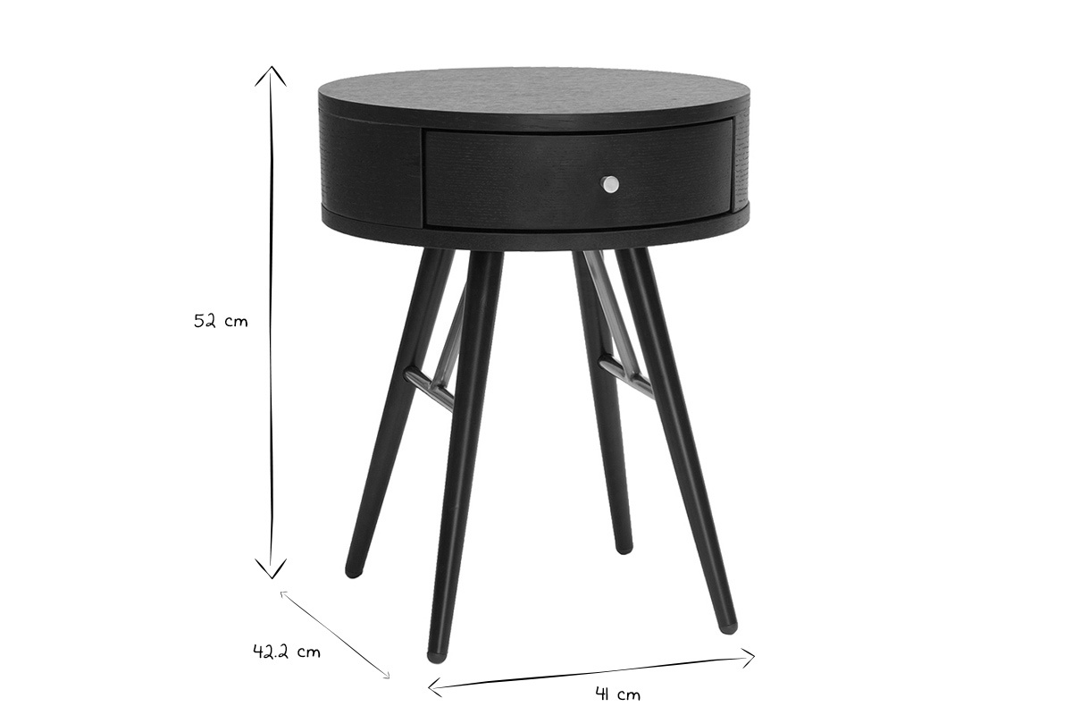 Table de chevet ronde avec tiroir bois et mtal noir D41 cm KORAL