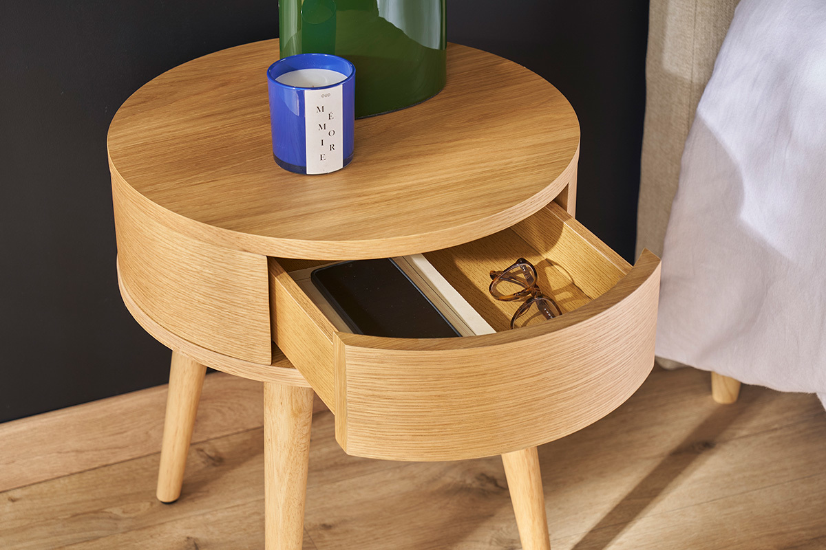 Table de chevet ronde en bois clair avec tiroir JUDITH