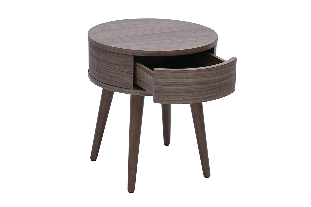 Table de chevet ronde en bois fonc� avec tiroir JUDITH