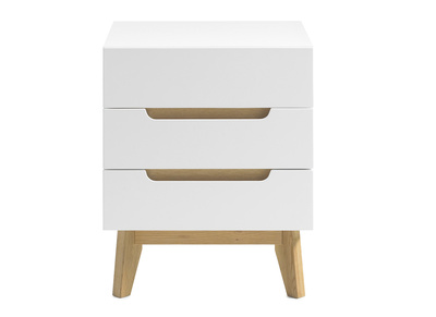 Table de chevet scandinave 3 tiroirs blanc mat et bois SKIVE