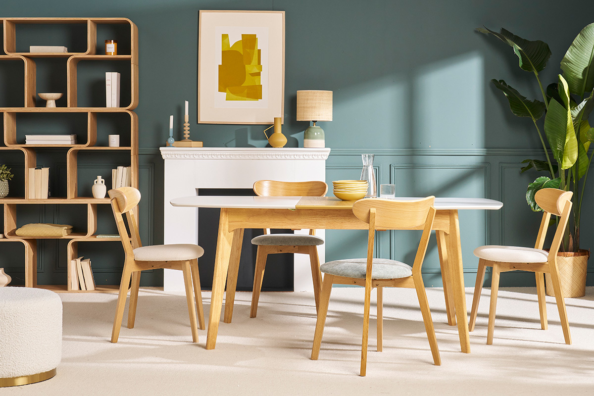 Table extensible rallonges intgres rectangulaire blanc et bois L140-180 cm MEENA