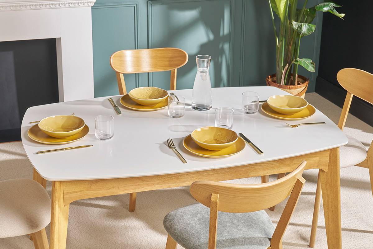 Table extensible rallonges intgres rectangulaire blanc et bois L140-180 cm MEENA